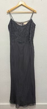 Vintage Silk Beaded Gown Gray Glam Formal Dress Maxi Dress 100% Silk 90s